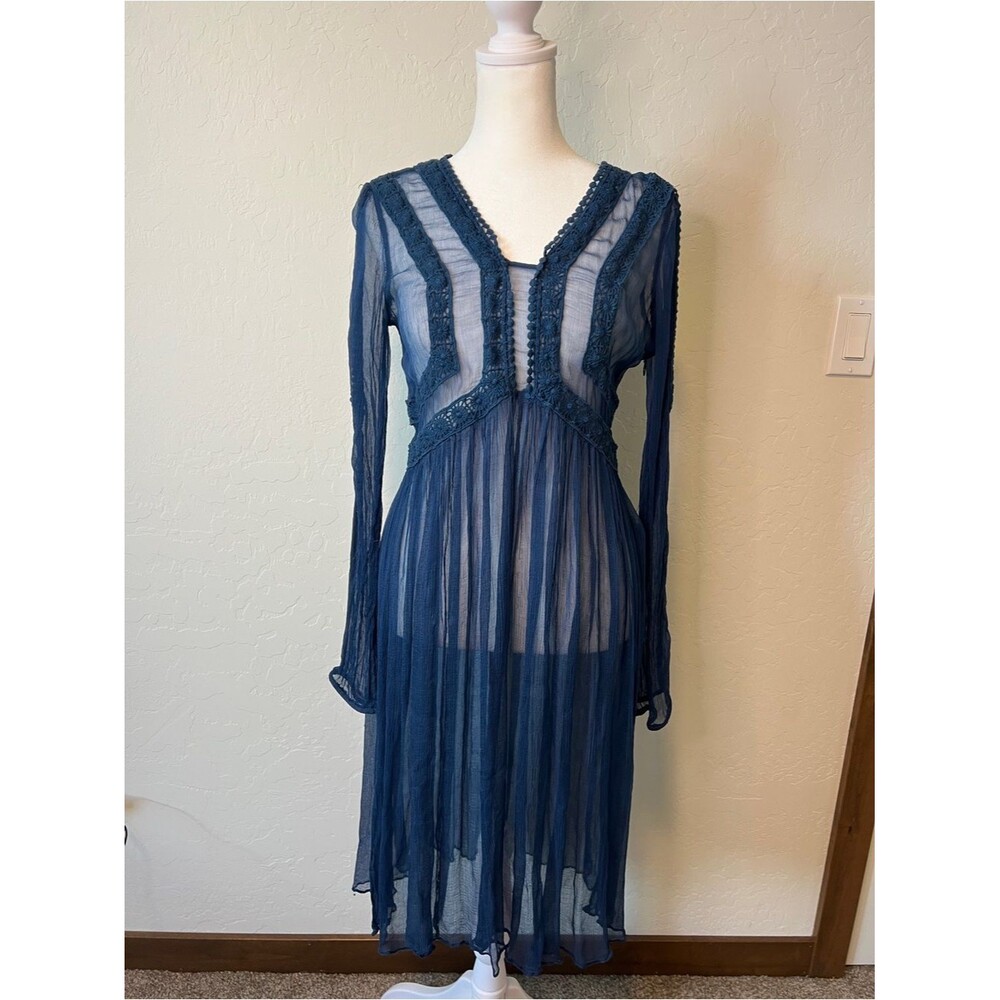 Sundance Time After Time Blue Sheer Crochet Boho Dress Above Knee with Slip 6